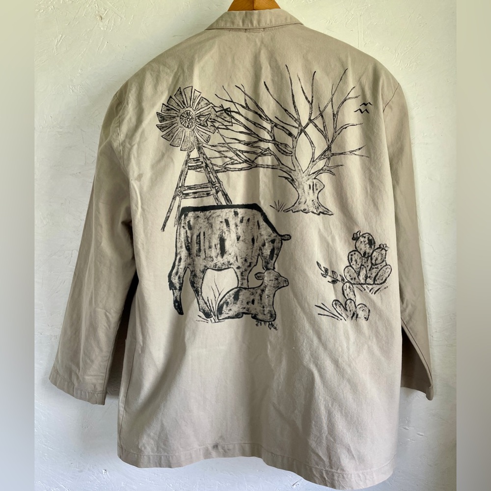 Vintage Blazer Khaki Jacket American Legends USA L Ranch Cattle Texas Windmill